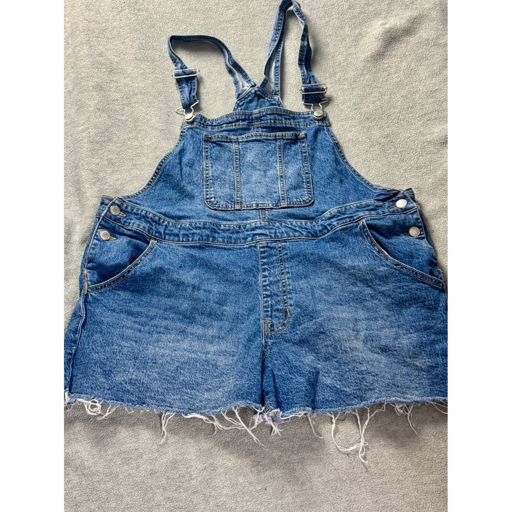 Blue Denim Shortalls Medium Wash Raw Hem Bib Overalls Shorts